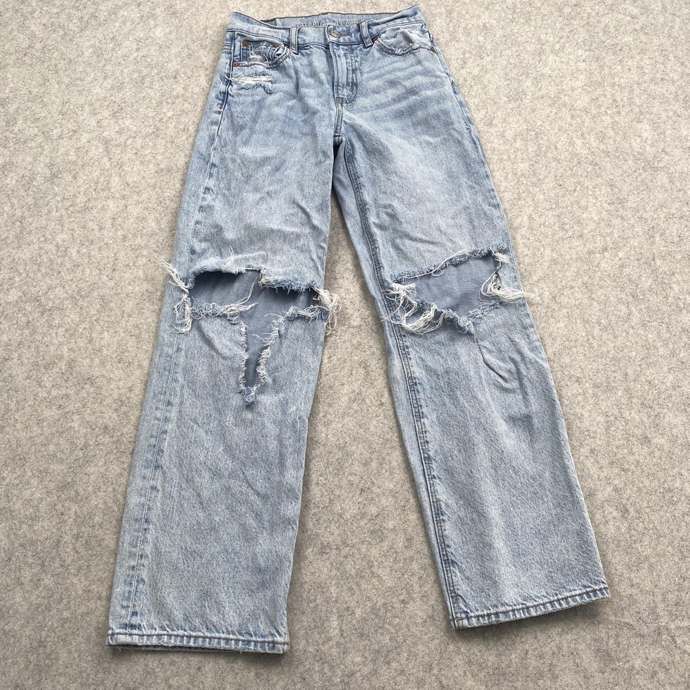 American Eagle Stovepipe Jeans Womens 000 Short 24x27 Blue Distressed High Rise